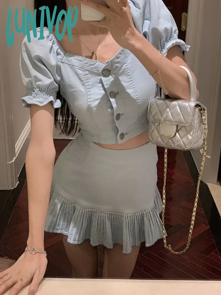 Lunivop Summer Blue Kawaii Two Piece Skirt Set Women Solid Designer Party Mini Suit Female Korean