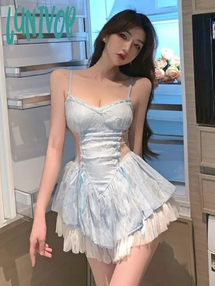 Lunivop Summer Bule Lace Y2K Kawaii Dress Women Korean Style Sexy Party Mini Female France Fashion