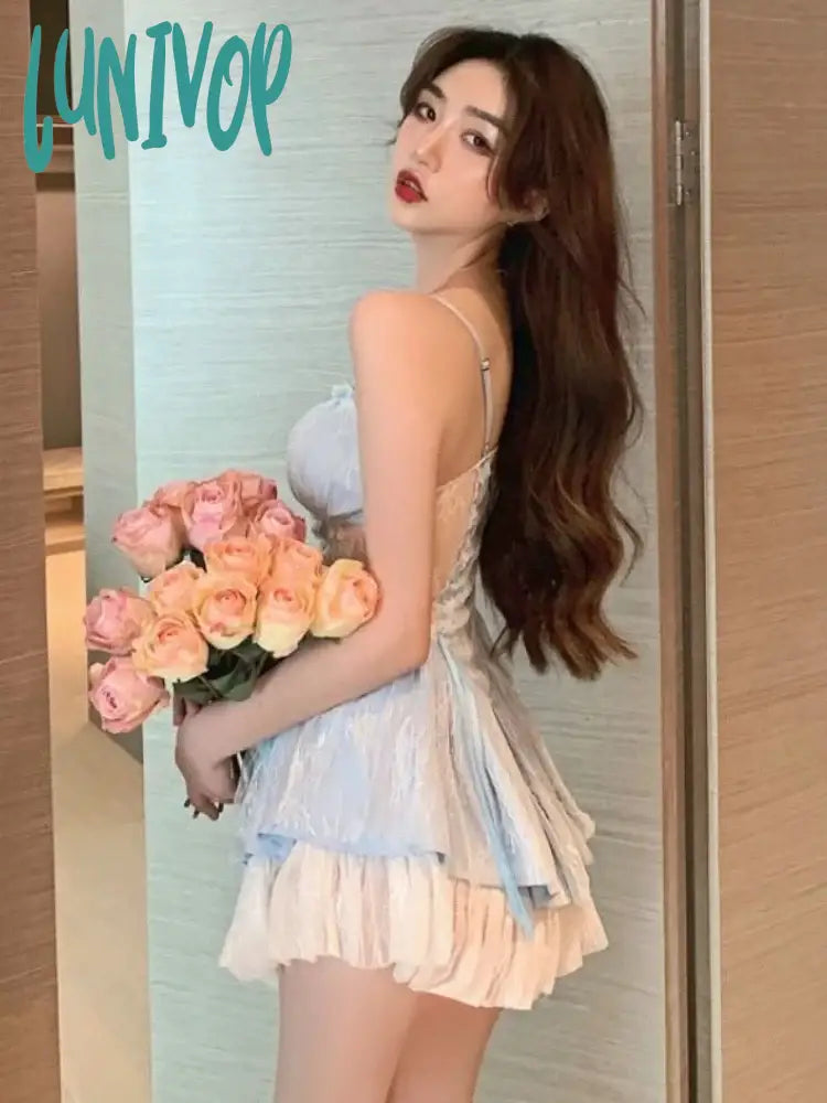 Lunivop Summer Bule Lace Y2K Kawaii Dress Women Korean Style Sexy Party Mini Female France Fashion