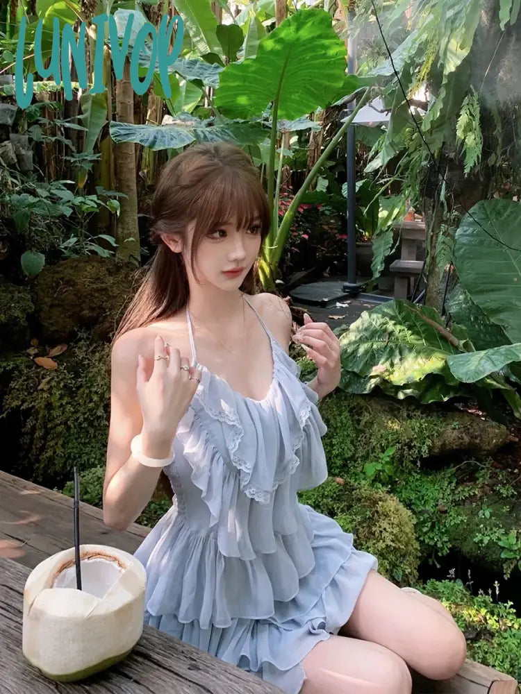 Lunivop Summer Casual Beach Style Y2K Mini Dress Women Chiffon Lace Even Party Korean Fashion