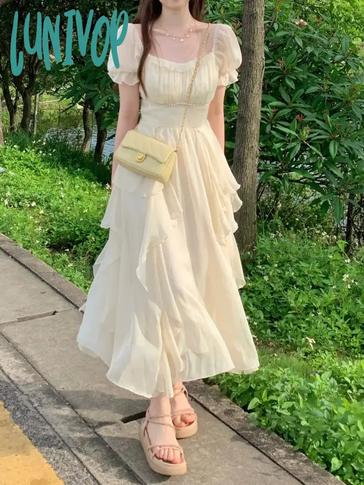 Lunivop Summer Chiffon Fairy Dress Women Solid Elegant Party Midi Female Casual Sweet Korean