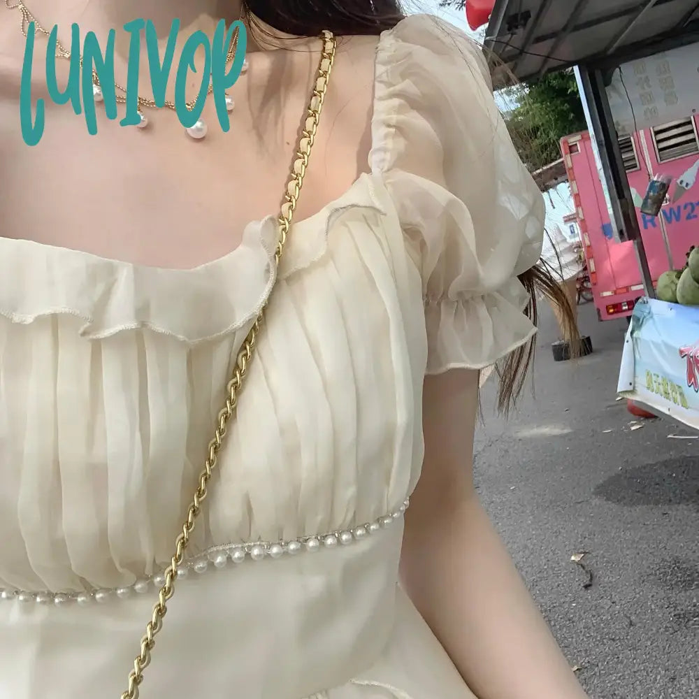 Lunivop Summer Chiffon Fairy Dress Women Solid Elegant Party Midi Female Casual Sweet Korean