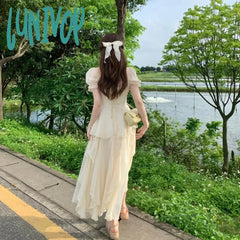 Lunivop Summer Chiffon Fairy Dress Women Solid Elegant Party Midi Female Casual Sweet Korean