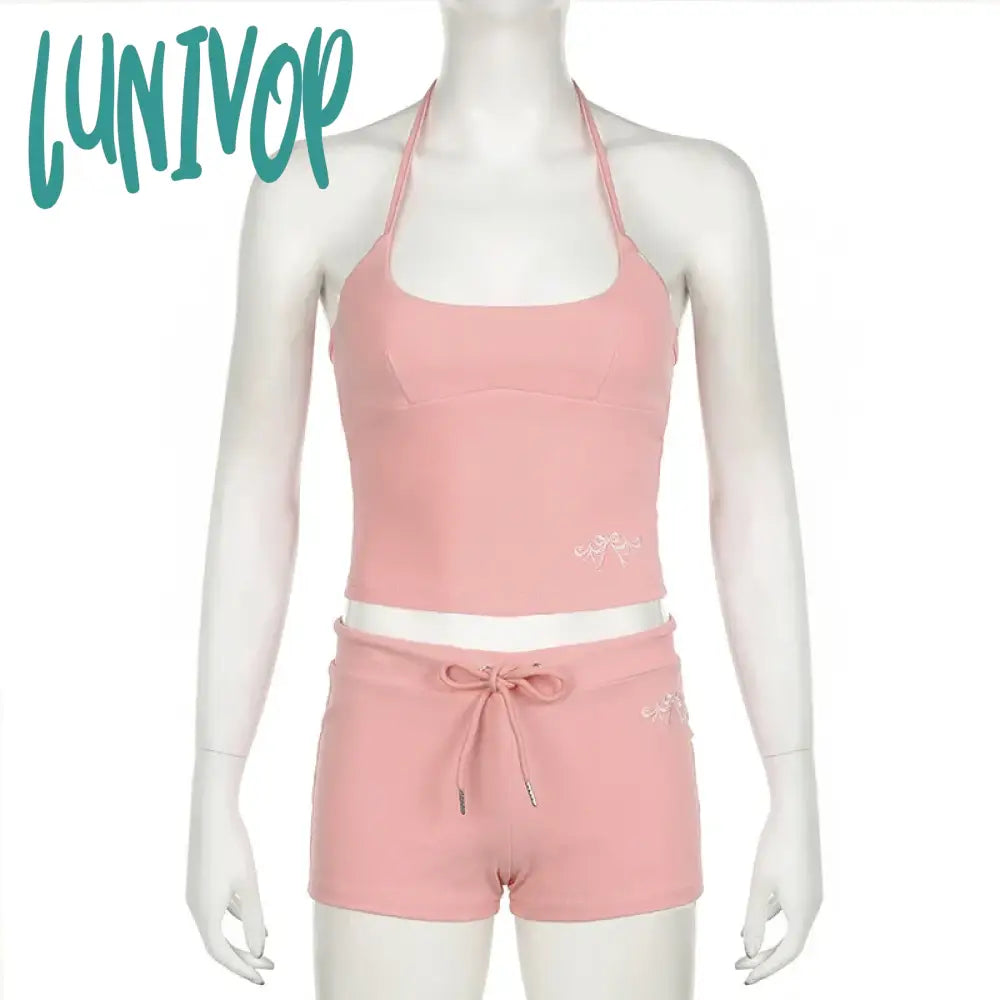 Lunivop Summer Concise 2 Piece Set Women Halter Bandage Low Neck Slim Crop Tanks And Bow High Waist