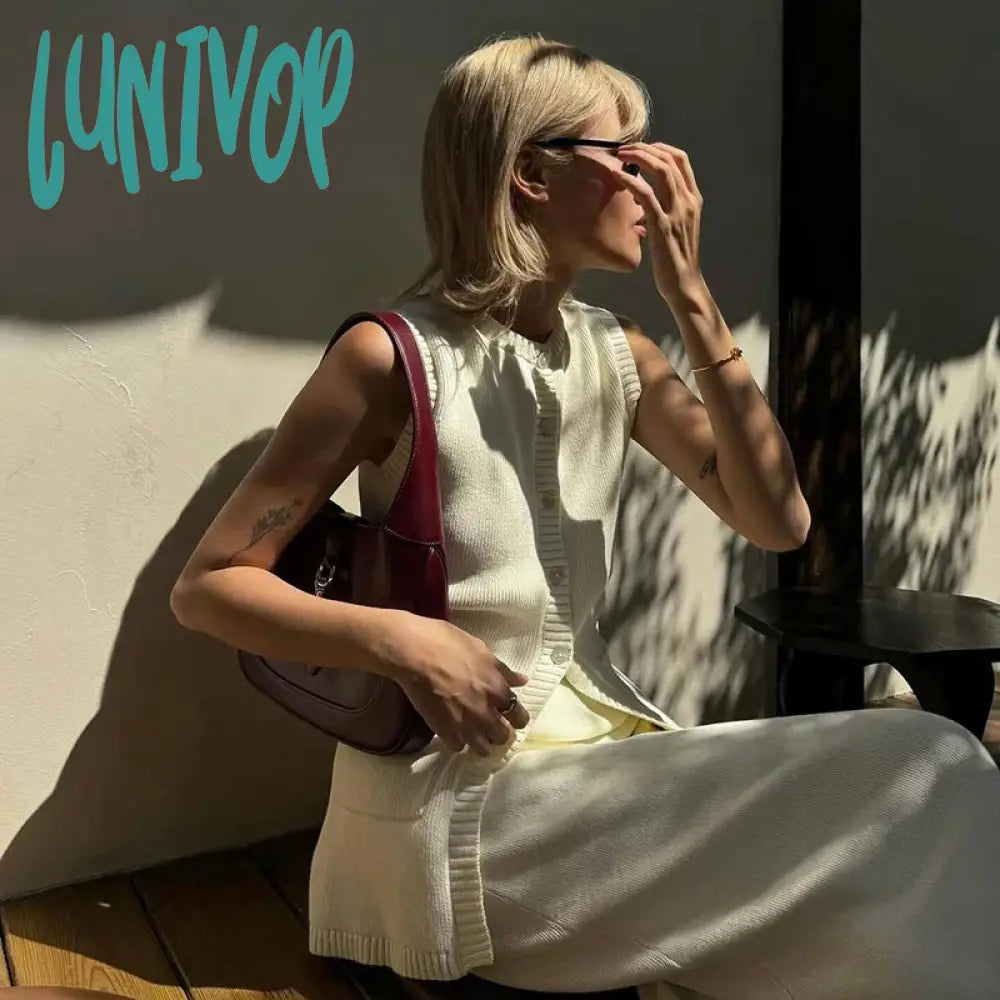 Lunivop Summer Fashion Knitted Skirt Suit Sleeveless Vest Pocket Slit High Waist Long Elegant White