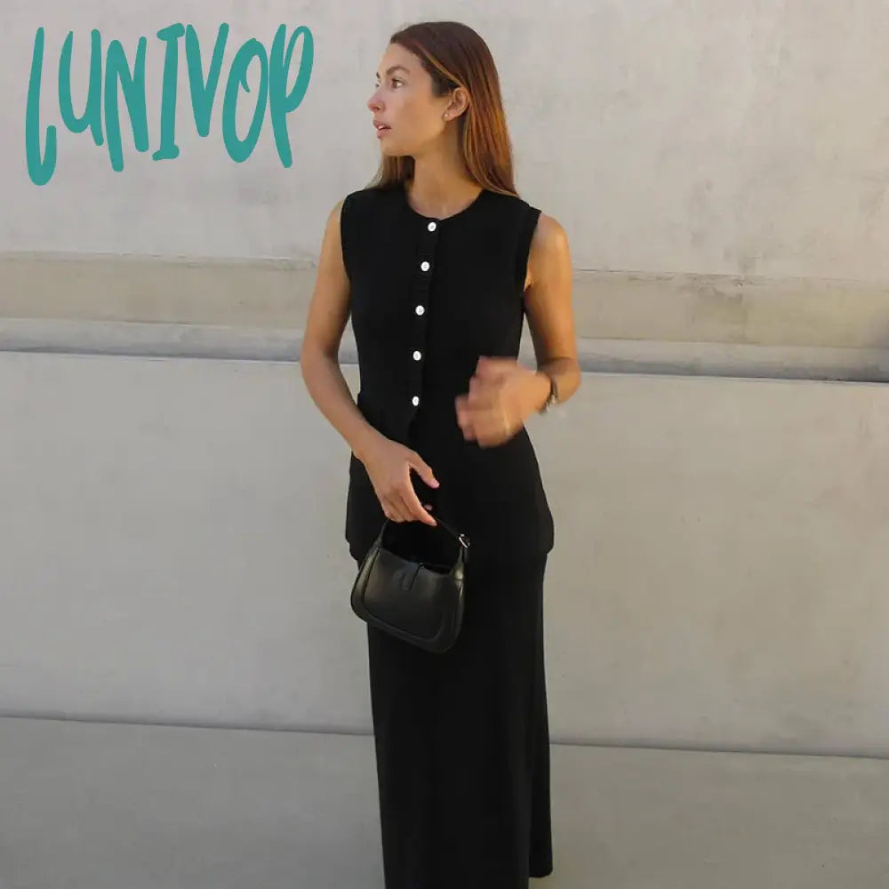 Lunivop Summer Fashion Knitted Skirt Suit Sleeveless Vest Pocket Slit High Waist Long Elegant White