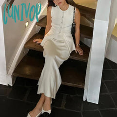 Lunivop Summer Fashion Knitted Skirt Suit Sleeveless Vest Pocket Slit High Waist Long Elegant White