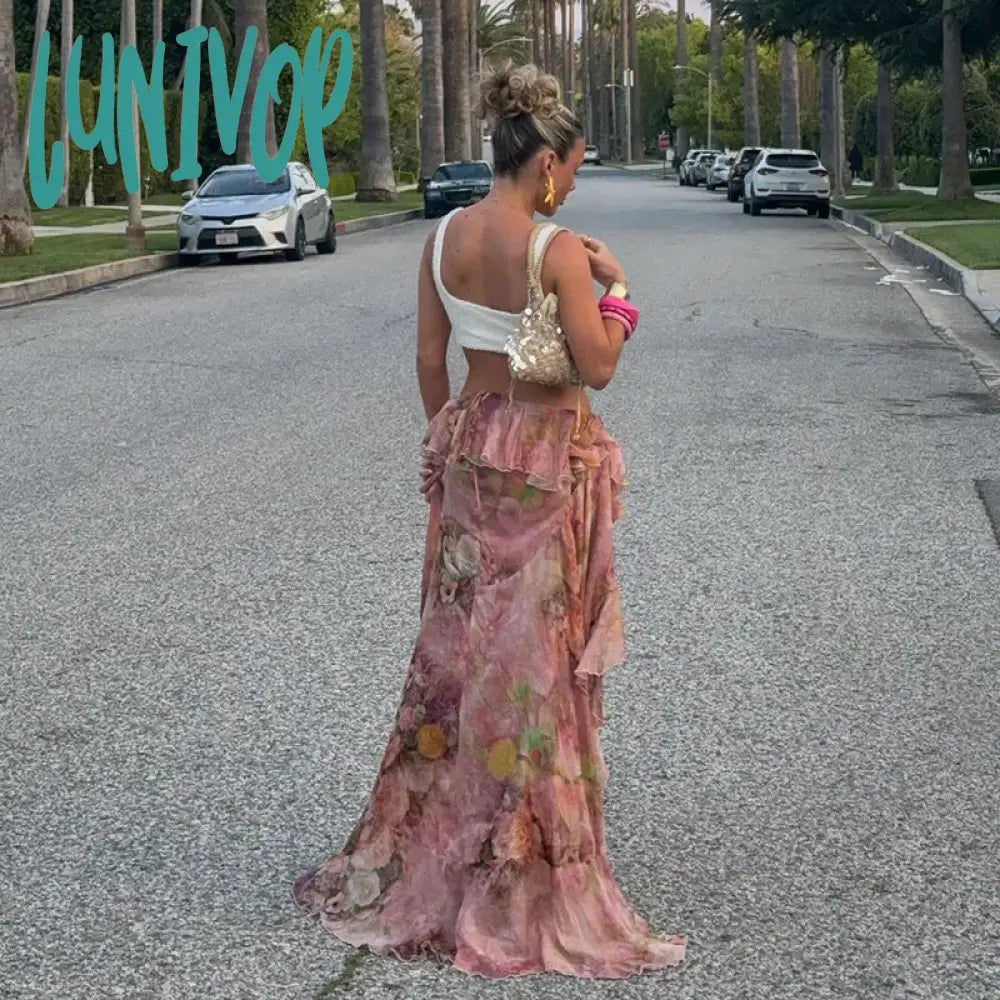 Lunivop Summer Floral Print Double-Layer Flanged Irregular Floor-Length Holiday Skirt