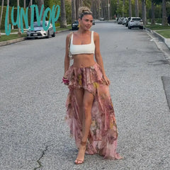 Lunivop Summer Floral Print Double-Layer Flanged Irregular Floor-Length Holiday Skirt