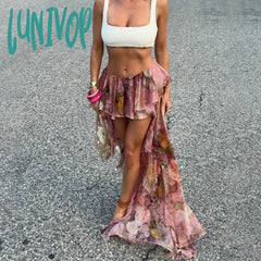 Lunivop Summer Floral Print Double-Layer Flanged Irregular Floor-Length Holiday Skirt