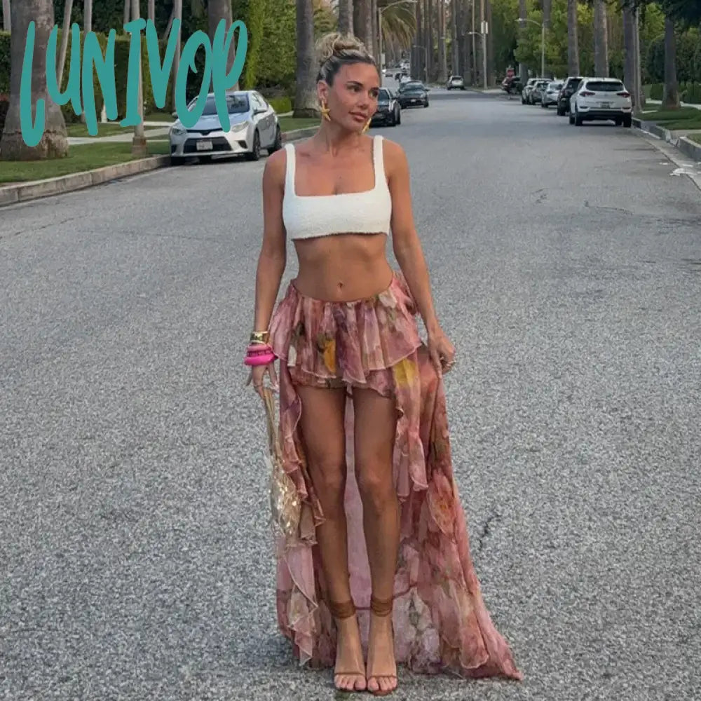 Lunivop Summer Floral Print Double-Layer Flanged Irregular Floor-Length Holiday Skirt