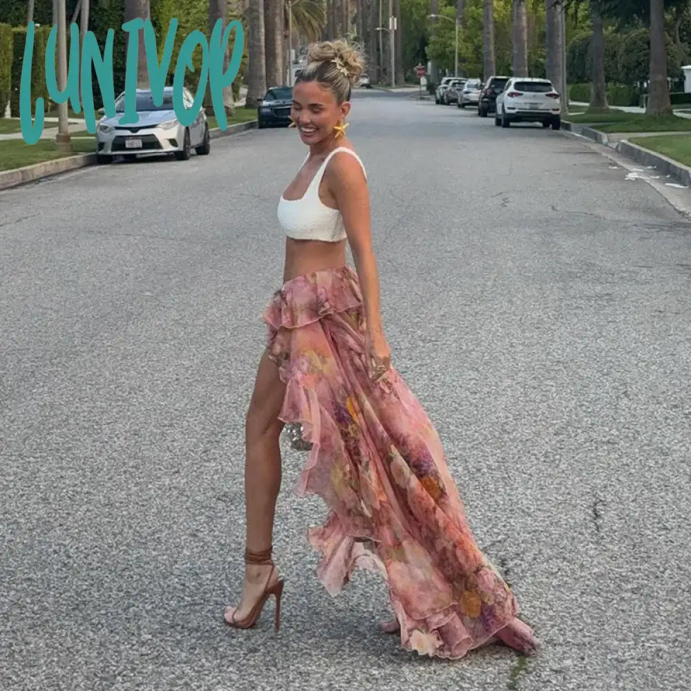 Lunivop Summer Floral Print Double-Layer Flanged Irregular Floor-Length Holiday Skirt