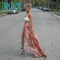 Lunivop Summer Floral Print Double-Layer Flanged Irregular Floor-Length Holiday Skirt