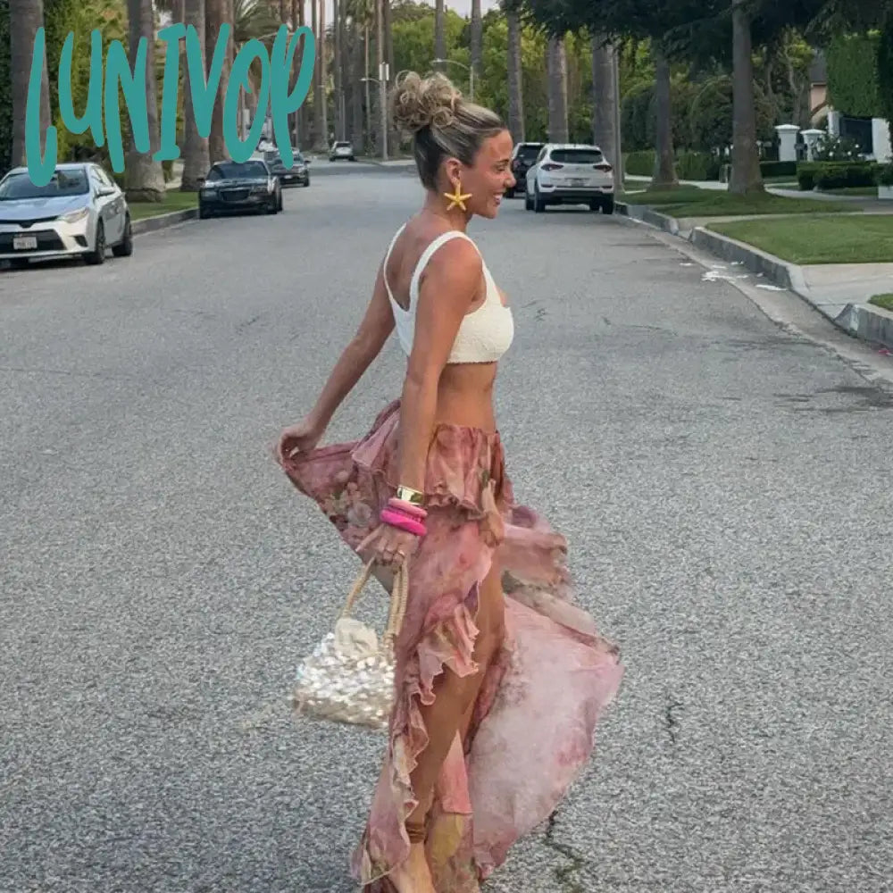 Lunivop Summer Floral Print Double-Layer Flanged Irregular Floor-Length Holiday Skirt