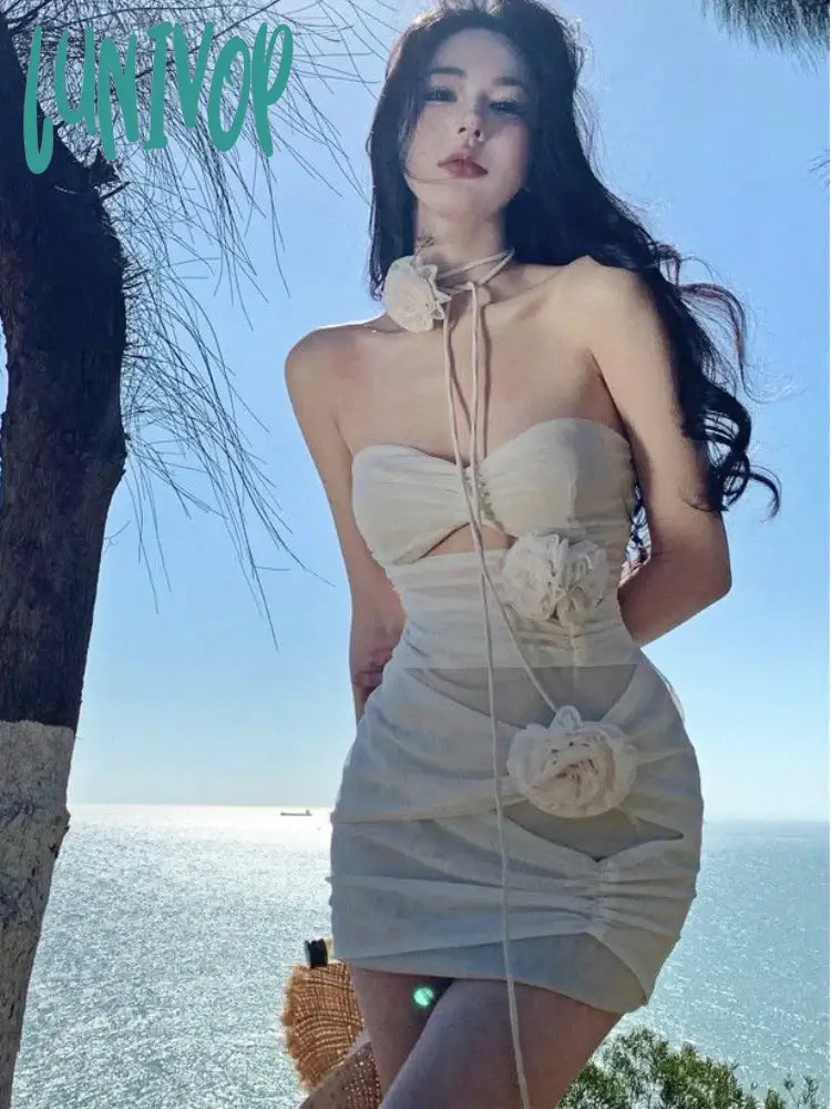 Lunivop Summer Floral Sexy Elegant Dress Women Ruffled France Party Mini Female Backless Korean