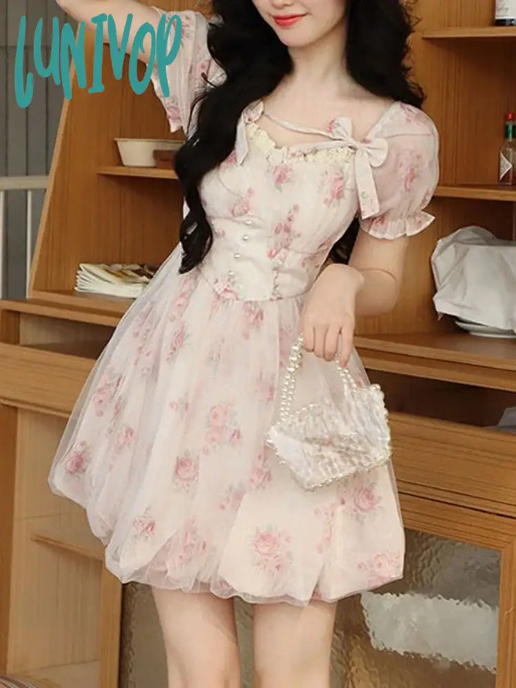 Lunivop Summer Floral Sweet Mini Dress Women Print French Elegant Fairy Female Korean Fashion Cute