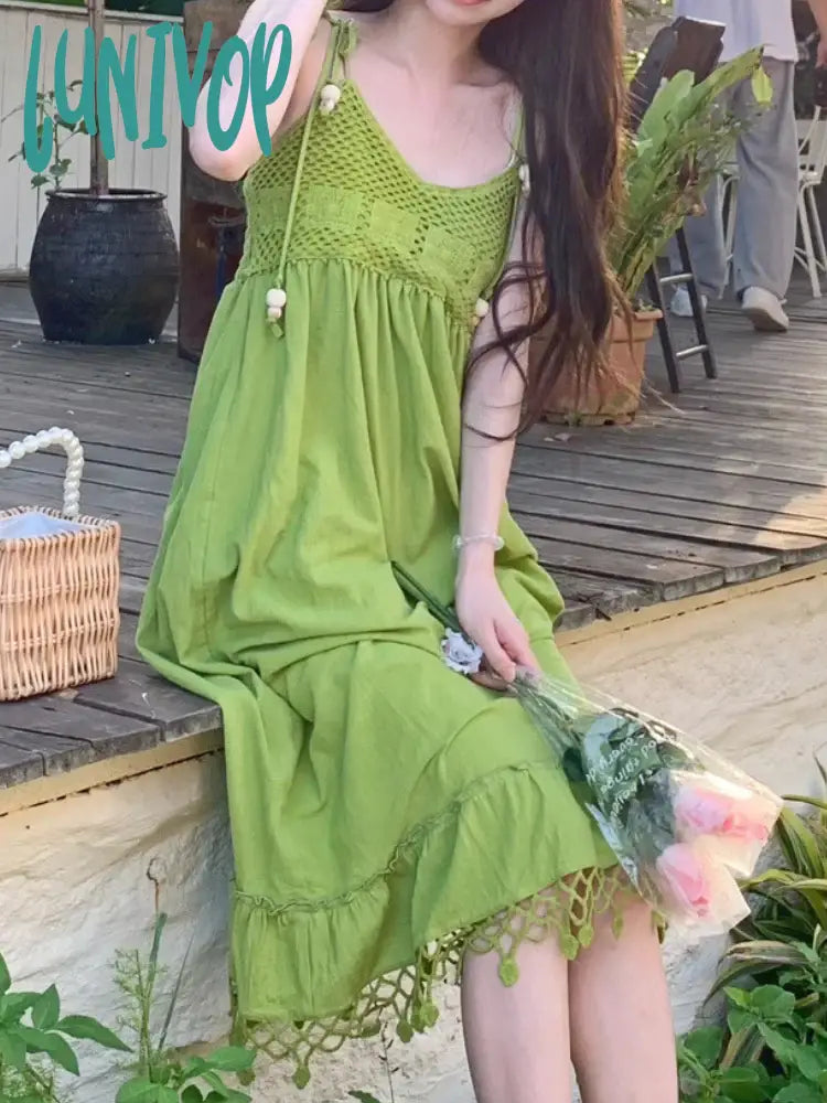 Lunivop Summer Green Designer Kawaii Dress Women Korean Style Elegant Beach Female Backless Vintage