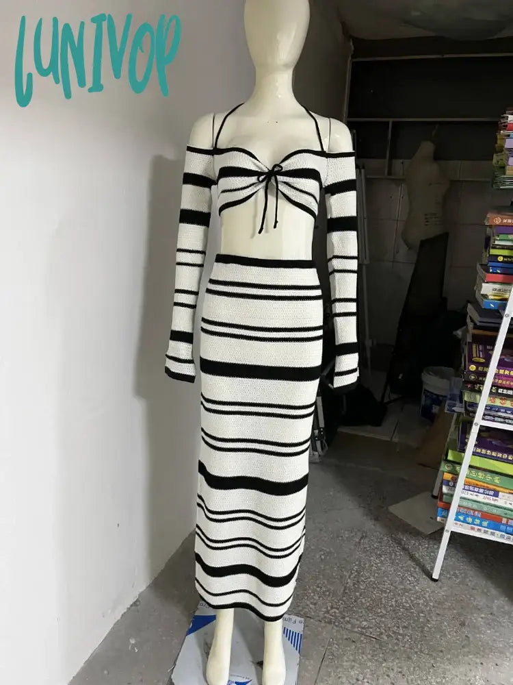 Lunivop Summer Knitted Beach Skirt Sets Women Sexy Backless Slim Bohemian Outfits Fashion Striped