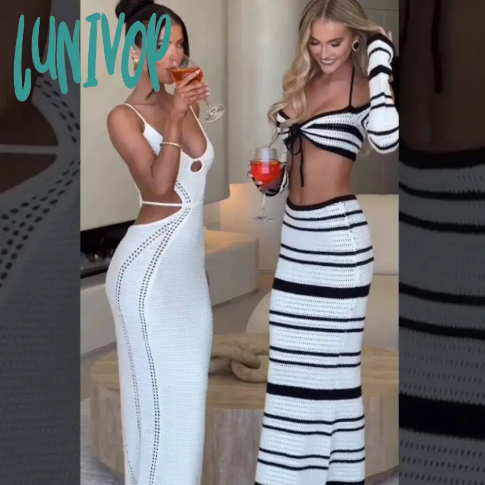 Lunivop Summer Knitted Beach Skirt Sets Women Sexy Backless Slim Bohemian Outfits Fashion Striped