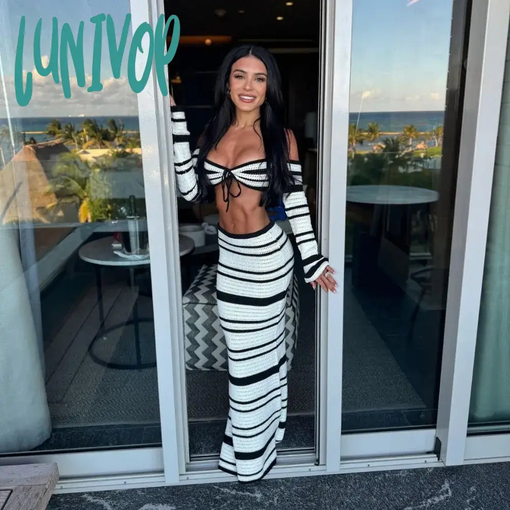 Lunivop Summer Knitted Beach Skirt Sets Women Sexy Backless Slim Bohemian Outfits Fashion Striped