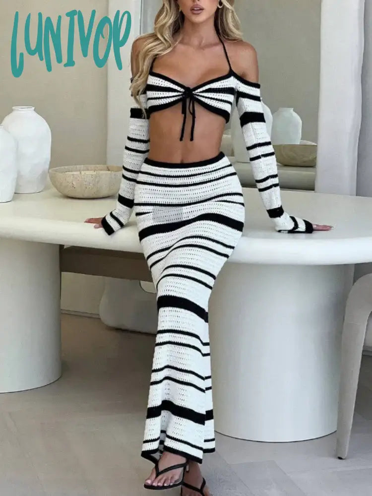 Lunivop Summer Knitted Beach Skirt Sets Women Sexy Backless Slim Bohemian Outfits Fashion Striped