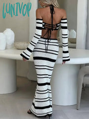 Lunivop Summer Knitted Beach Skirt Sets Women Sexy Backless Slim Bohemian Outfits Fashion Striped