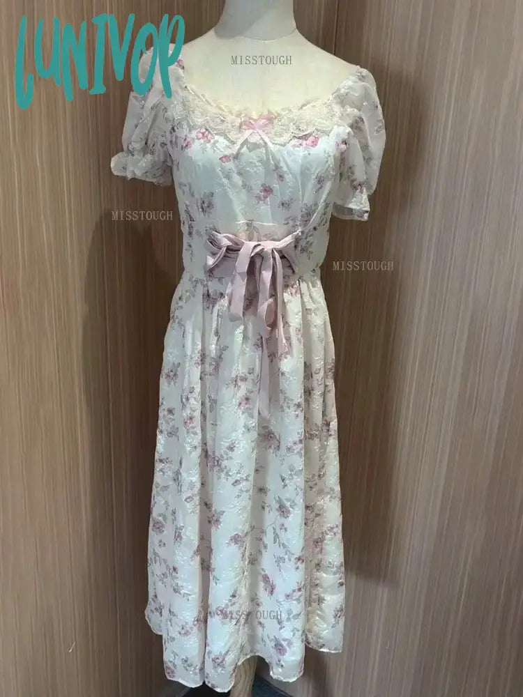 Lunivop Summer Korean Fashion Lace Fairy Dress Women Square Collar Princess Kawaii Floral Print