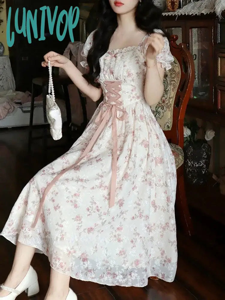 Lunivop Summer Korean Fashion Lace Fairy Dress Women Square Collar Princess Kawaii Floral Print