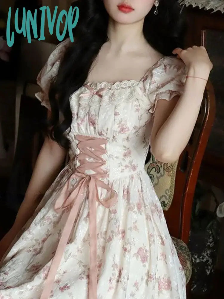 Lunivop Summer Korean Fashion Lace Fairy Dress Women Square Collar Princess Kawaii Floral Print