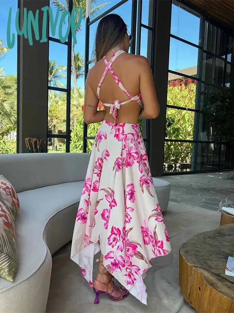 Lunivop Summer Lace Up Maxi Dress Women Boho Printed Beach Dresses Ladies Halter Backless Sundress