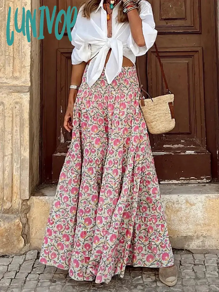 Lunivop Summer Long Skirts Women Boho Print Skirt Female Floral Beach Maxi Ladies Loose Elastic