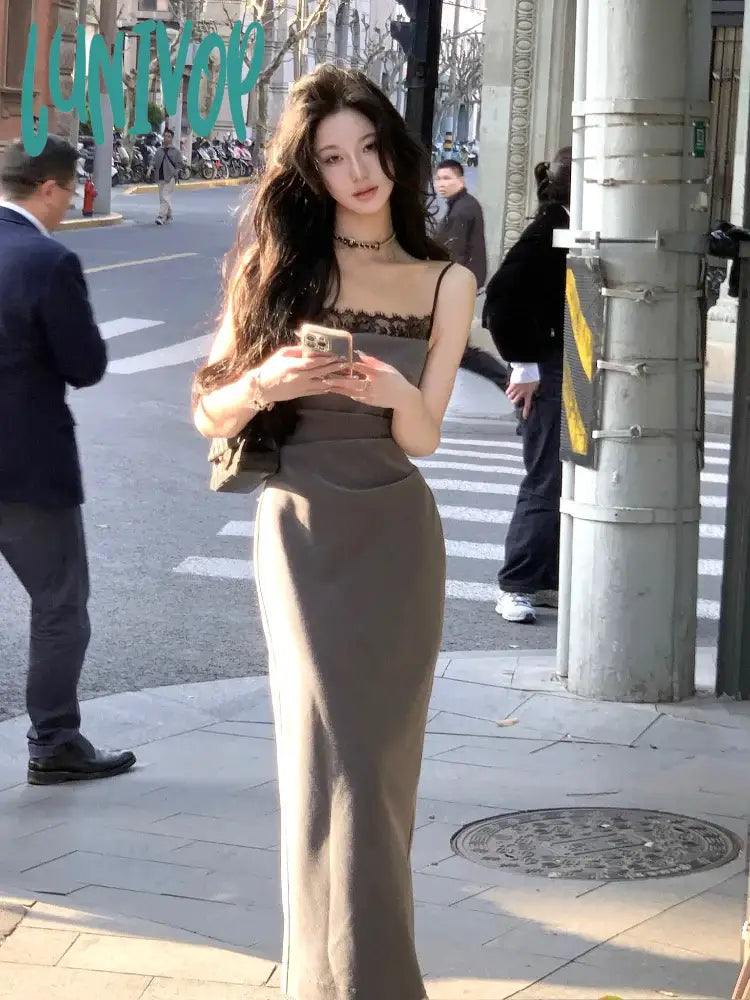 Lunivop Summer New French Elegant Lace Sex Appeal Dresses Spaghetti Straps Evening Party Prom