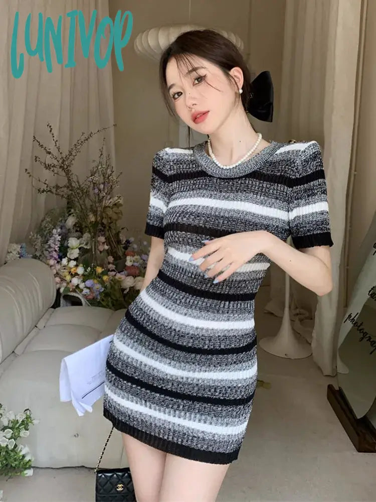 Lunivop Summer New Korean Stripe Casual Dress Women Knitted Short Sleeve Chic Spicy Girl Slim Fit