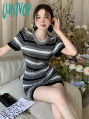 Lunivop Summer New Korean Stripe Casual Dress Women Knitted Short Sleeve Chic Spicy Girl Slim Fit