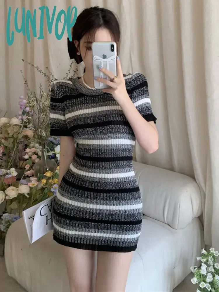 Lunivop Summer New Korean Stripe Casual Dress Women Knitted Short Sleeve Chic Spicy Girl Slim Fit