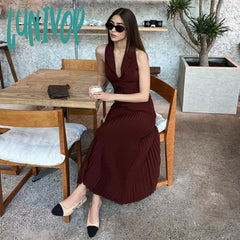 Lunivop Summer New Pleated Skirt Suit For Women Slim Sleeveless Short Vest Top Solid Long High