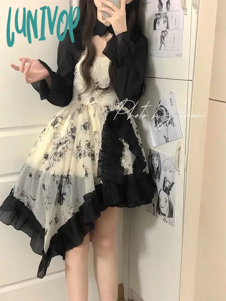Lunivop Summer New Women Floral Party Dress Vintage 2 Pieces Sets Elagant Female Irregular Ruffles
