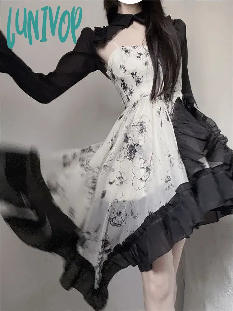 Lunivop Summer New Women Floral Party Dress Vintage 2 Pieces Sets Elagant Female Irregular Ruffles