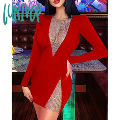 Lunivop Summer New Women Sexy V-Neck Mesh Diamond Long Sleeve Bodycon Bandage Dress Fashion Evening