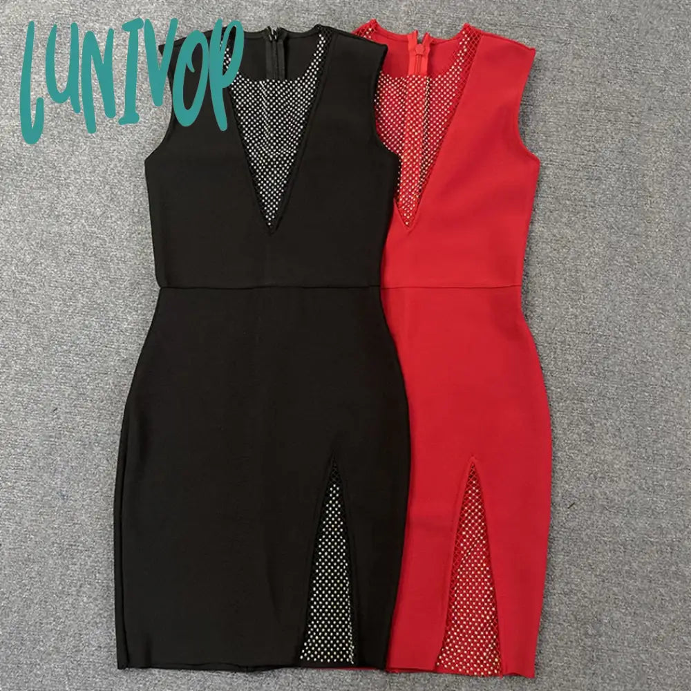 Lunivop Summer New Women Sexy V-Neck Mesh Diamond Long Sleeve Bodycon Bandage Dress Fashion Evening