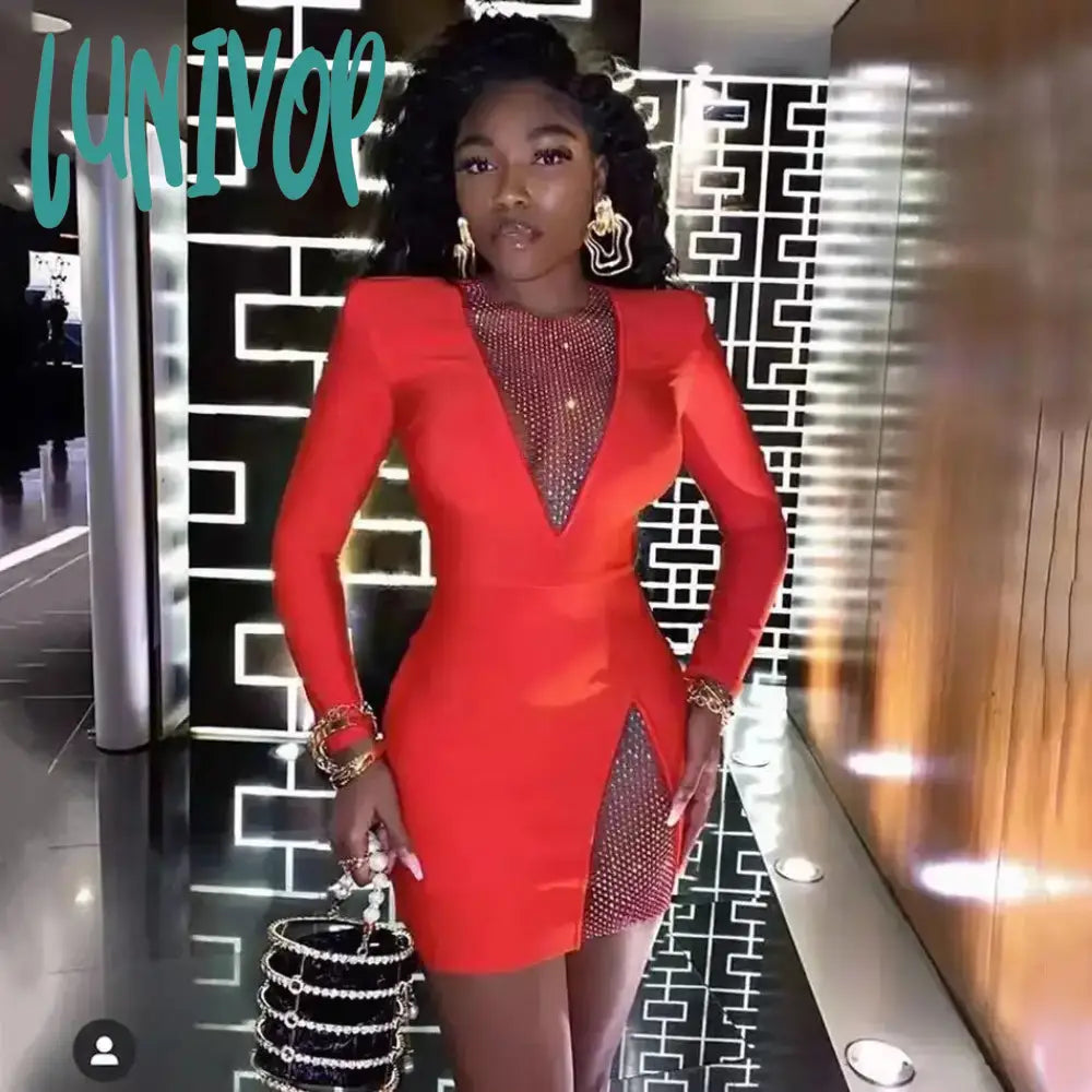 Lunivop Summer New Women Sexy V-Neck Mesh Diamond Long Sleeve Bodycon Bandage Dress Fashion Evening