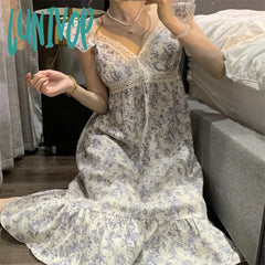 Lunivop Summer Nightgowns Women’s Lace Halter Sweet Mid-Length Skirt V-Neck Nightgown With Chest