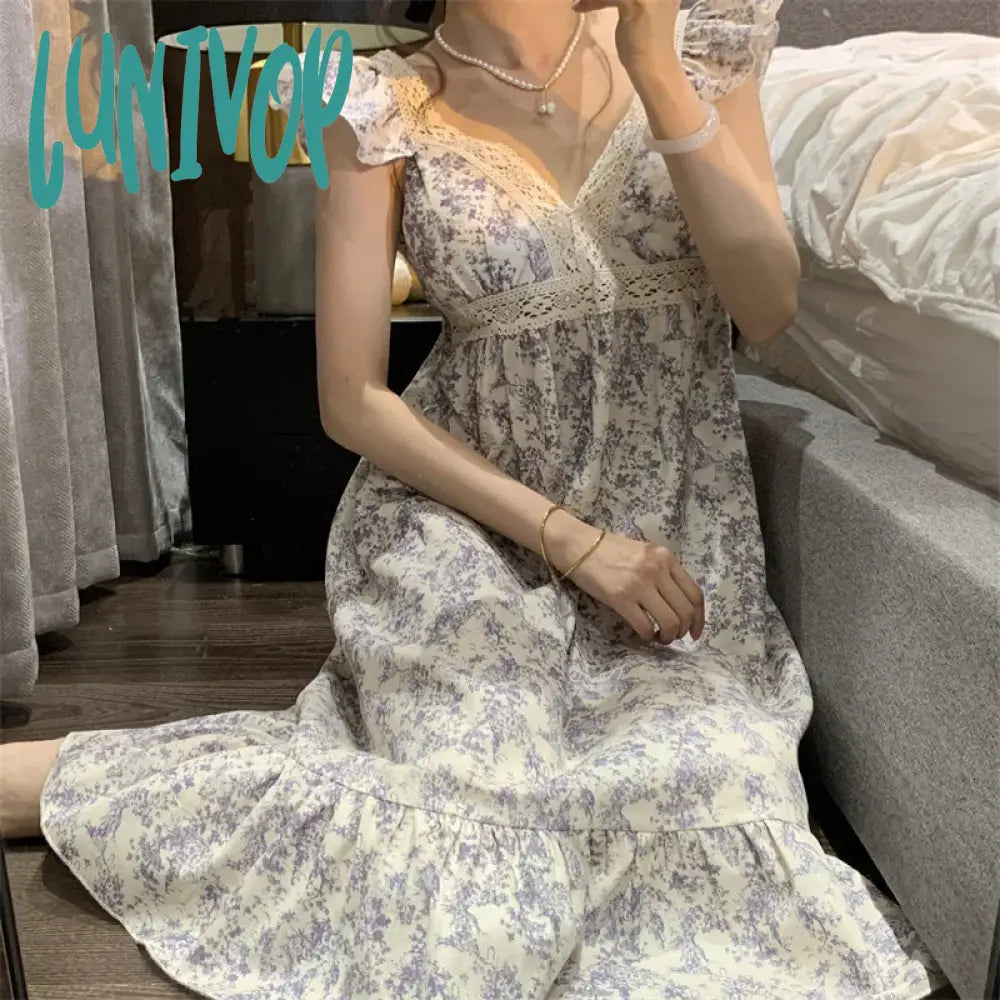 Lunivop Summer Nightgowns Women’s Lace Halter Sweet Mid-Length Skirt V-Neck Nightgown With Chest