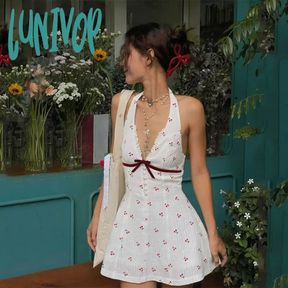 summer outfits inspo INS Style 2024 Summer New Sweet and Spicy Deep V Breasted Backless Cherry Print Waist-Tight Halter Dress Women