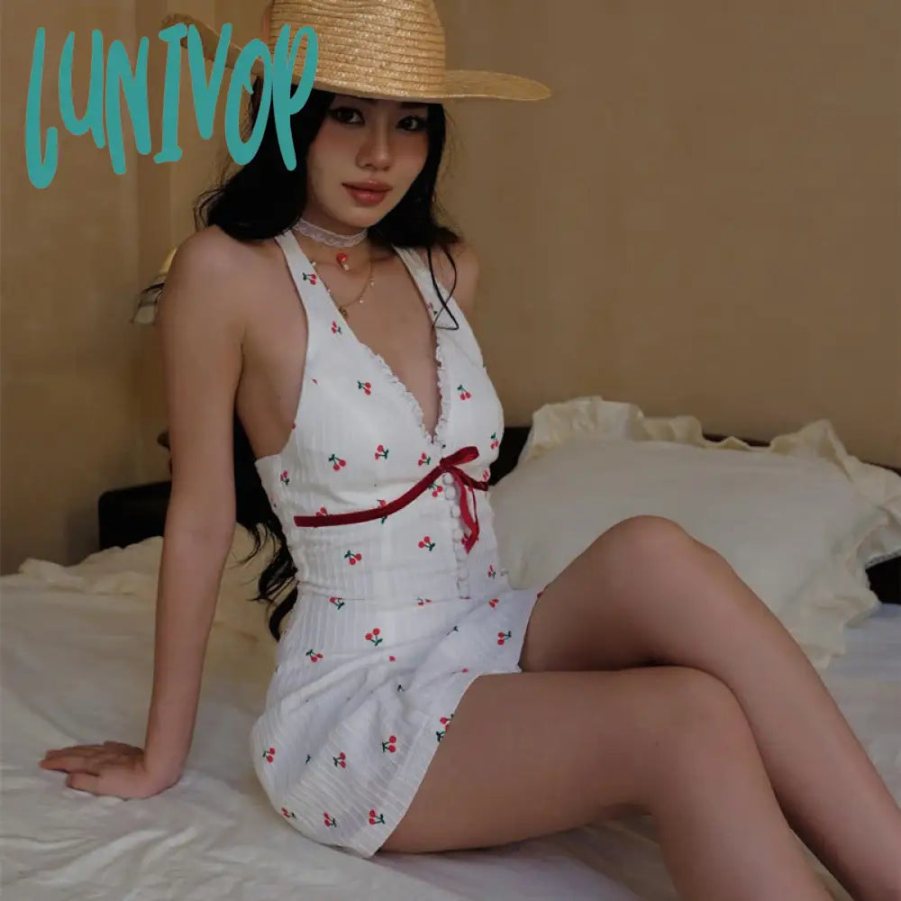 summer outfits inspo INS Style 2024 Summer New Sweet and Spicy Deep V Breasted Backless Cherry Print Waist-Tight Halter Dress Women