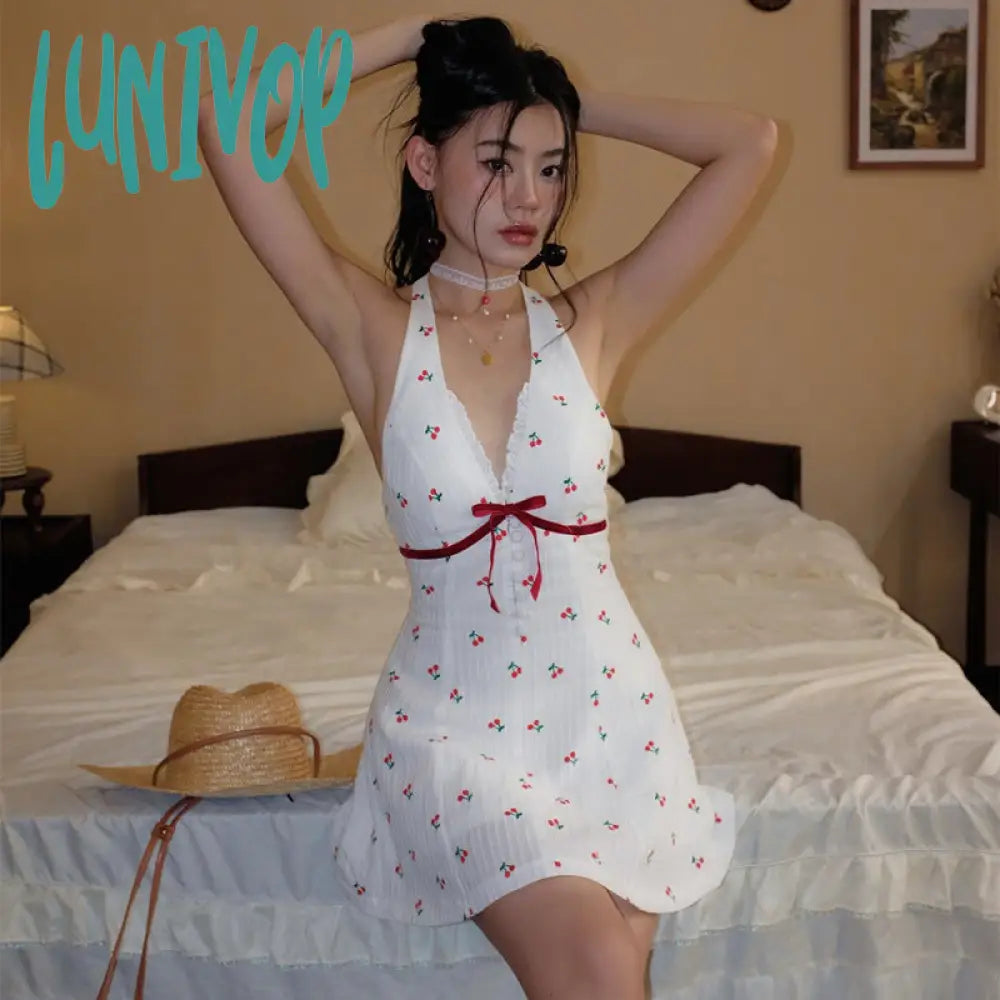 summer outfits inspo INS Style 2024 Summer New Sweet and Spicy Deep V Breasted Backless Cherry Print Waist-Tight Halter Dress Women