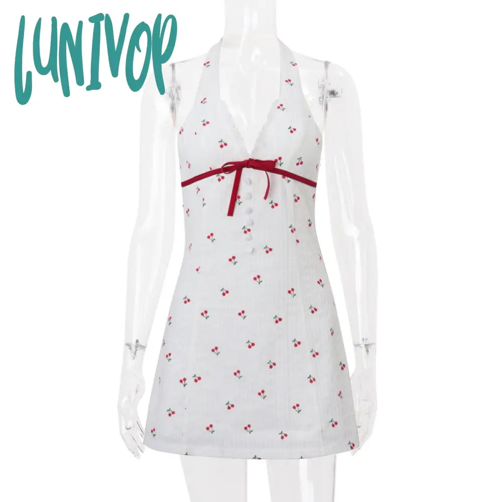 summer outfits inspo INS Style 2024 Summer New Sweet and Spicy Deep V Breasted Backless Cherry Print Waist-Tight Halter Dress Women