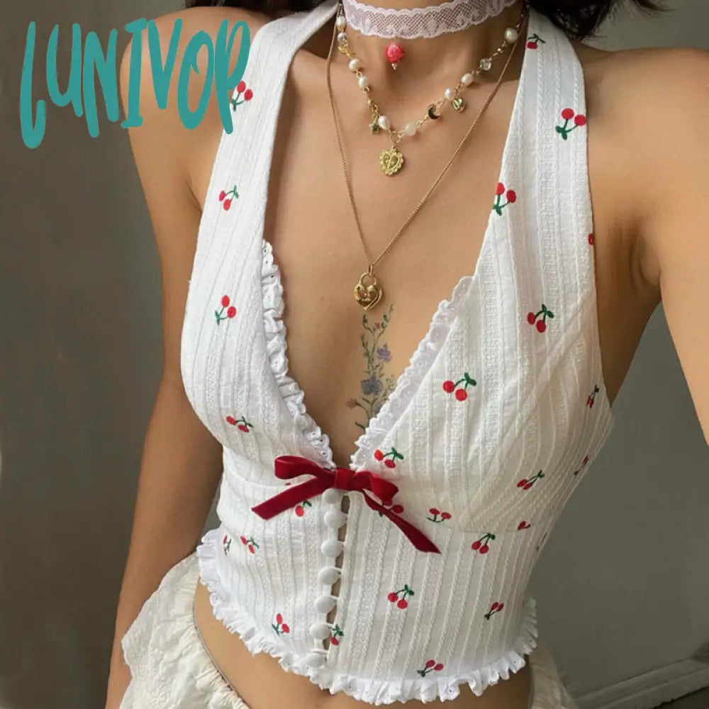summer outfits inspo Women's Clothing 2024 Summer New Fashion Elegant Sexy V-neck Halter Cherry Printed Wooden Ear Vest