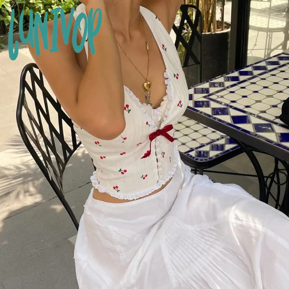 summer outfits inspo Women's Clothing 2024 Summer New Fashion Elegant Sexy V-neck Halter Cherry Printed Wooden Ear Vest