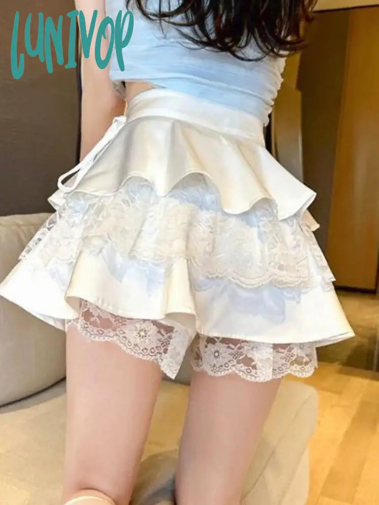 Lunivop Summer Pink Sexy Elegant Skirt Women Lace Designer Fashion Party Mini Female Ruffle Bandage